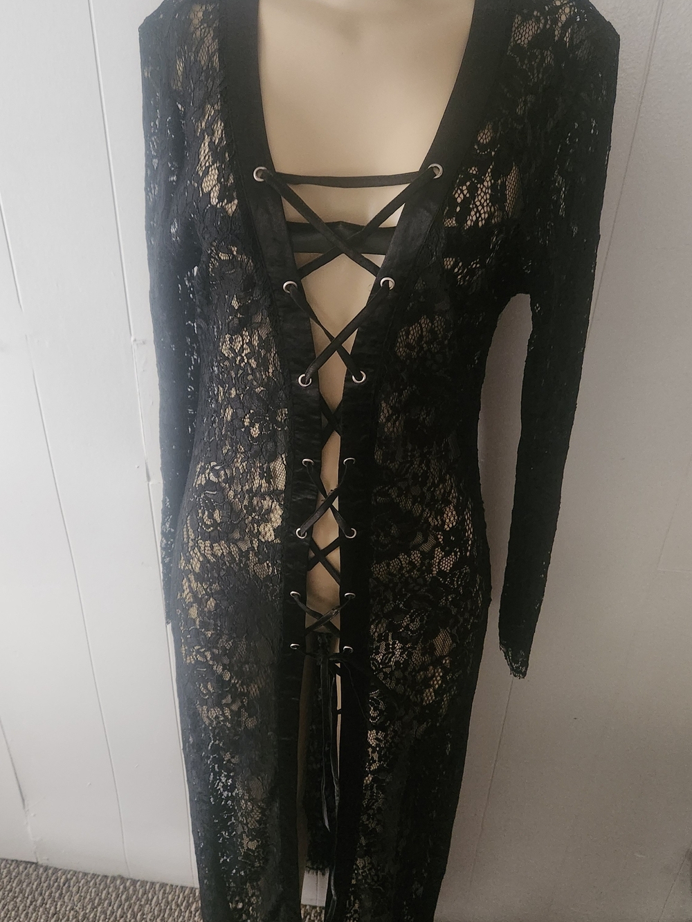 Fashion Nova Black Lace-Up Sheer Lace Dress Size Large
